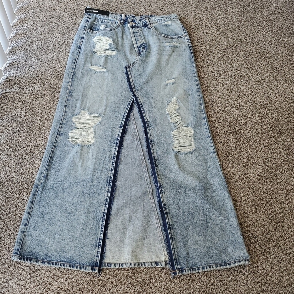 Distressed Denim Maxi Skirt